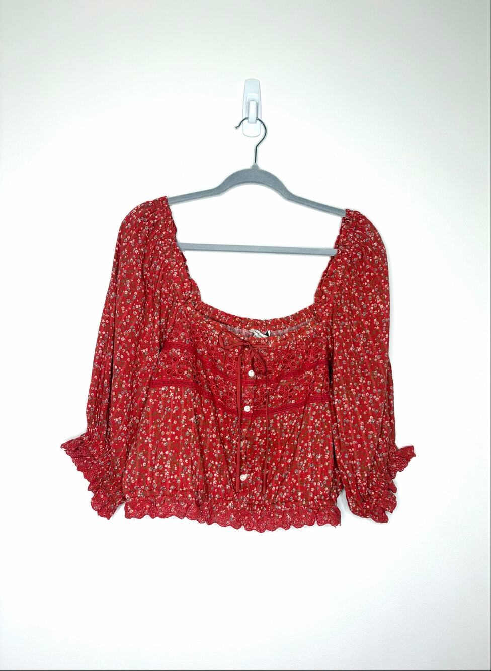 American Eagle Peasant Top XL Puff Sleeves Cropped Crochet Ditsy Floral Boho NWT